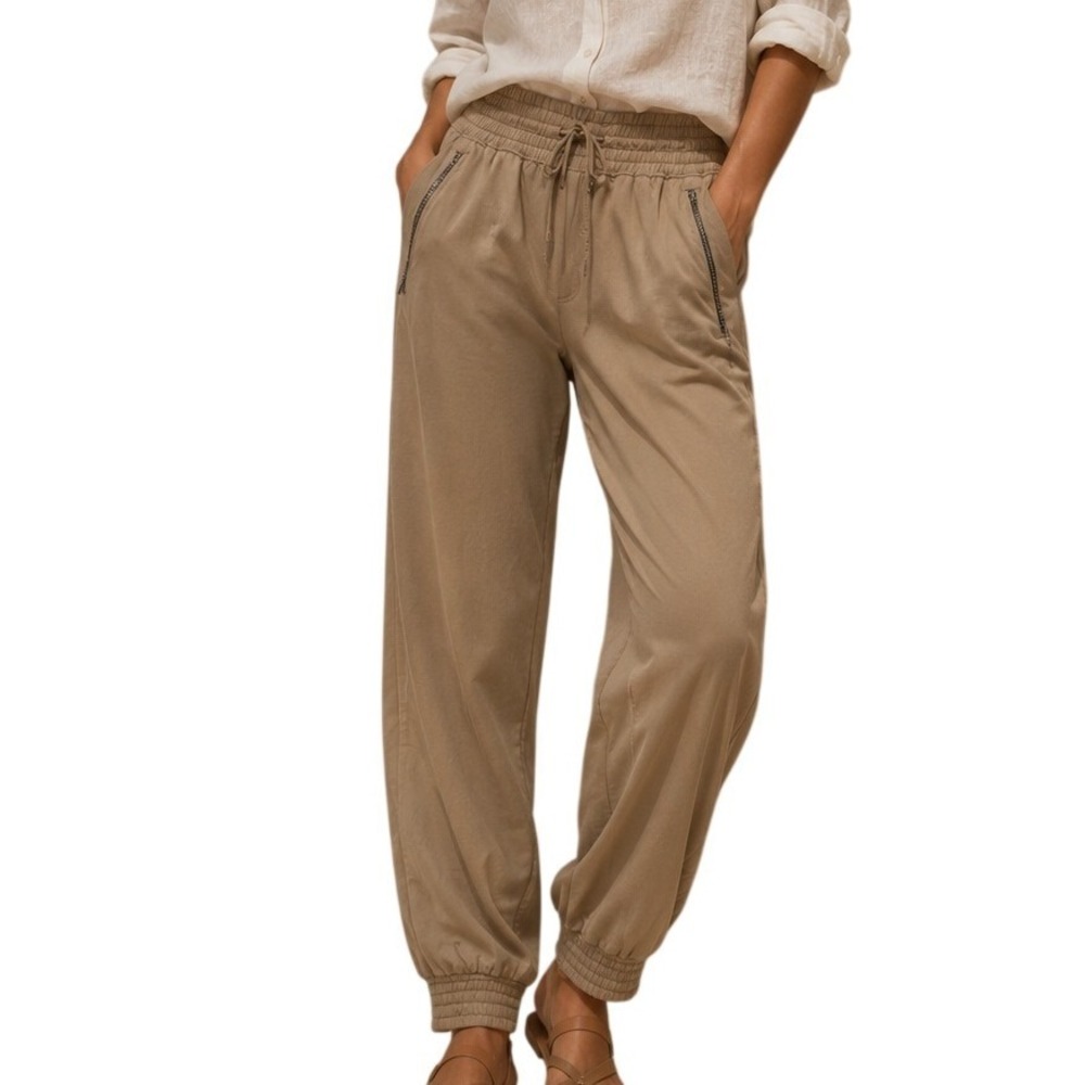 Athleta Camden Jogger Pants Tan Khaki Size 8 Smocked Waist Zip Pocket Travel